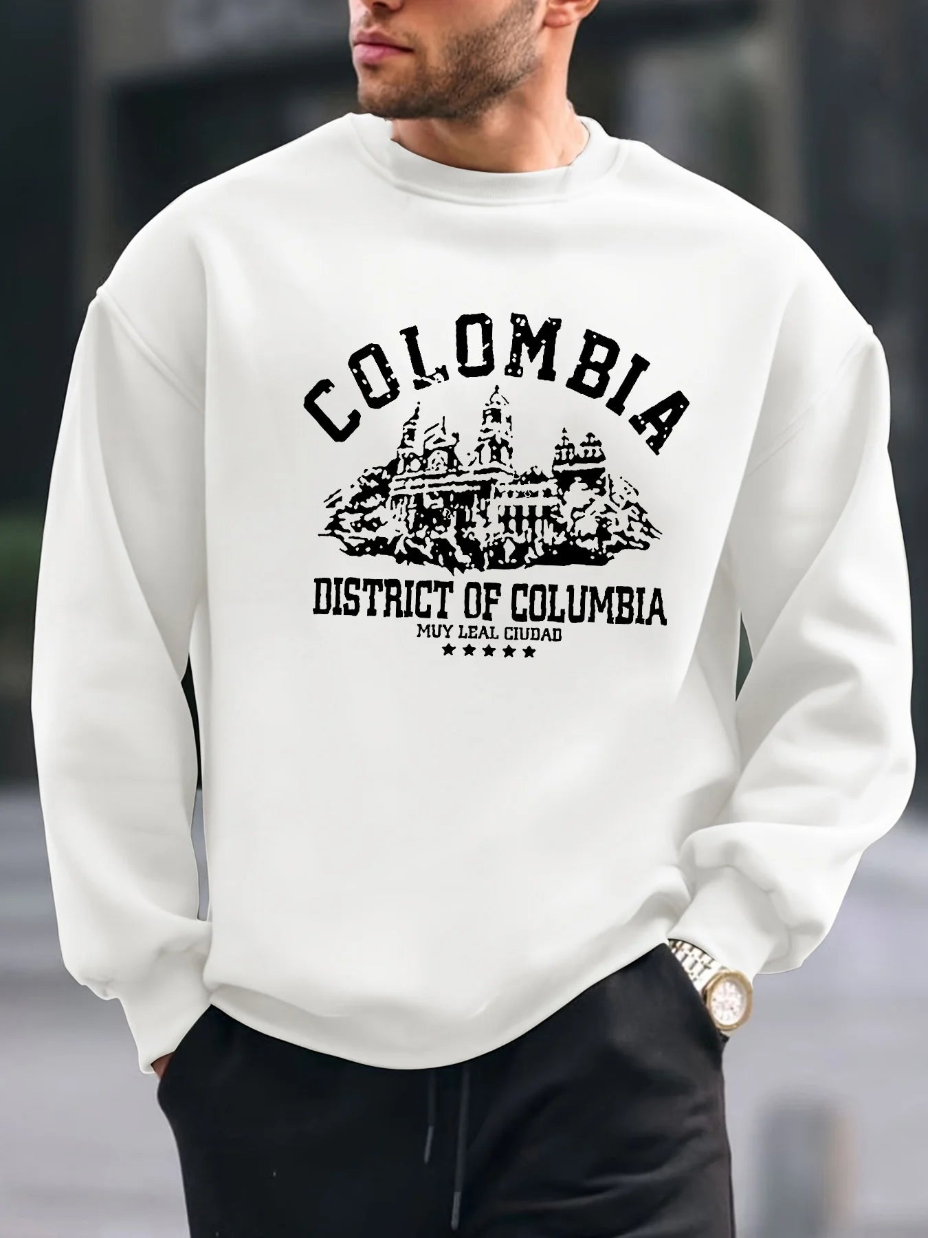 Men's autumn and winter warm casual loose Colombian architectural pattern printed long sleeved round neck sweatshirt