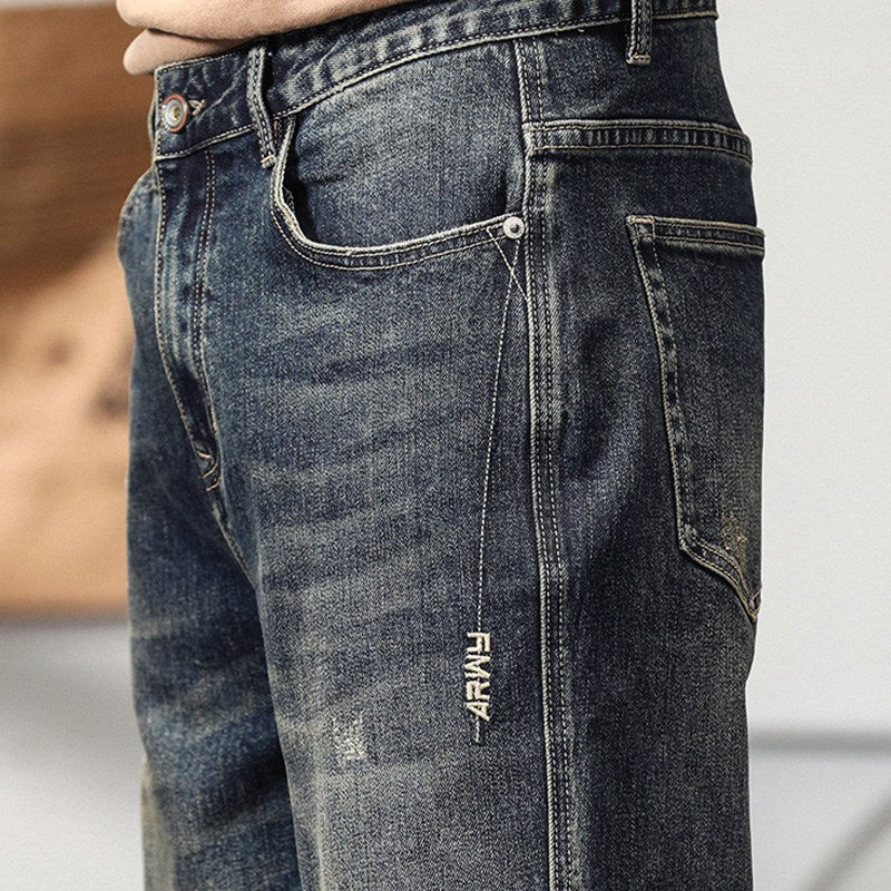 Retro Mens Loose-fit Plus-size Wide-leg Casual Denim Jeans