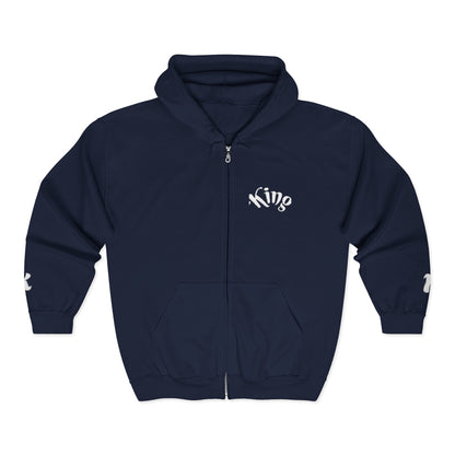 Reborn King Zip Hoodie — Gothic Script Full‑Zip Hooded Sweatshirt