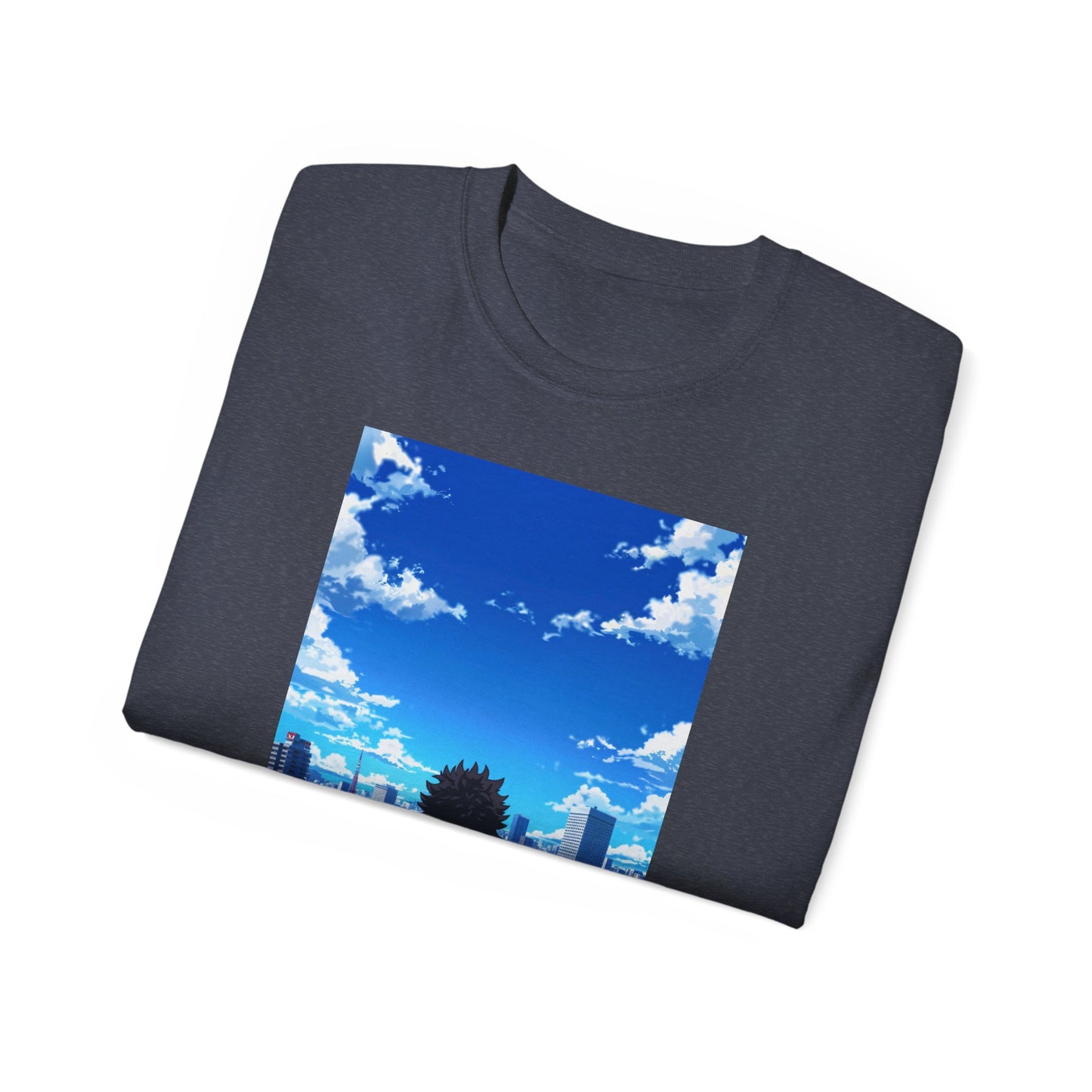 Anime Cityscape Tee — Boy Gazing at Blue Sky Graphic T-Shirt