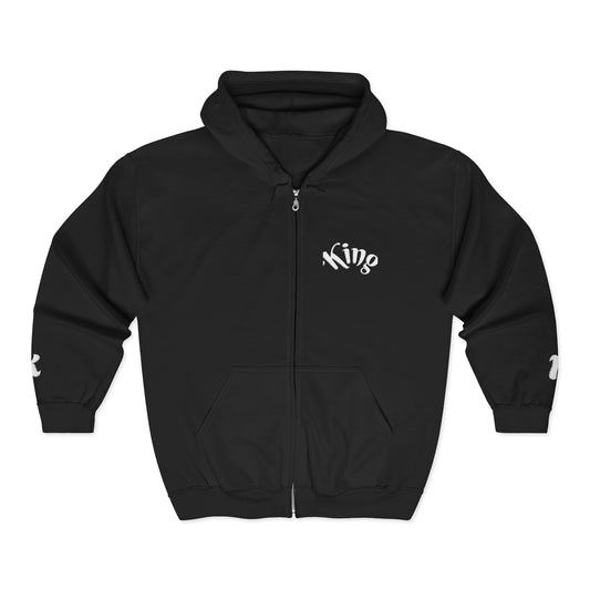 Reborn King Zip Hoodie — Gothic Script Full‑Zip Hooded Sweatshirt