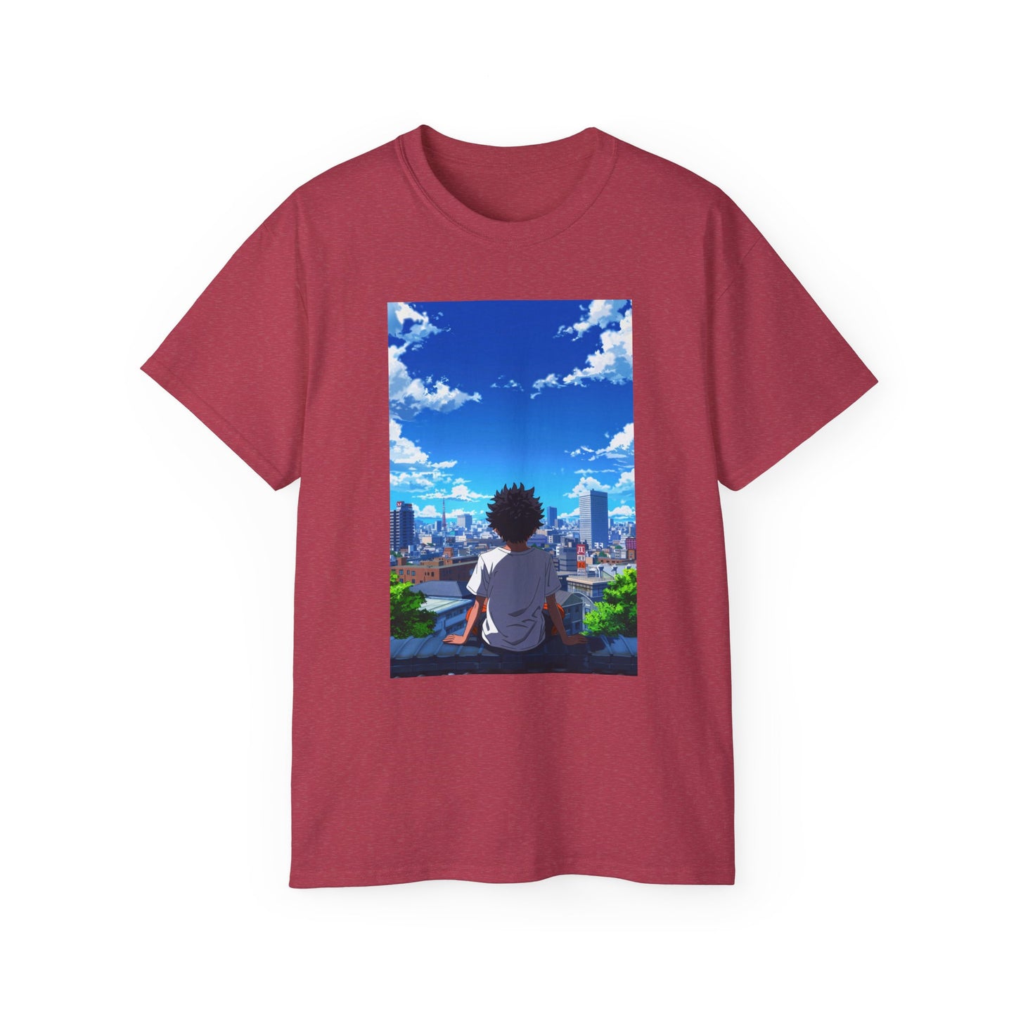 Anime Cityscape Tee — Boy Gazing at Blue Sky Graphic T-Shirt