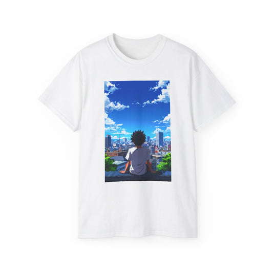 Anime Cityscape Tee — Boy Gazing at Blue Sky Graphic T-Shirt