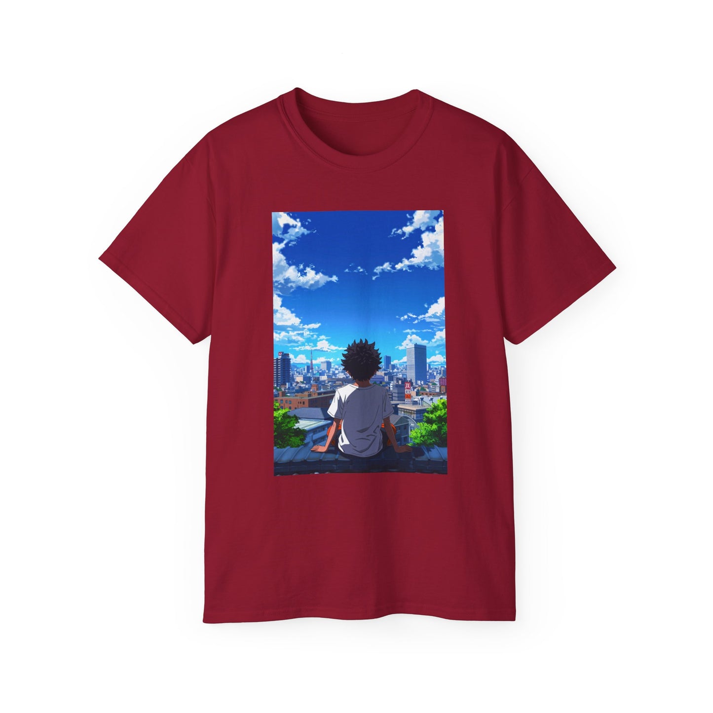Anime Cityscape Tee — Boy Gazing at Blue Sky Graphic T-Shirt