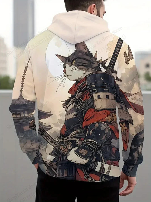 Men's Samurai Cat 3d Print Graphic Hoodies Men Fashion Oversized Hoodie Sweatshirt Coat Sweat Mens Clothes Sudaderas