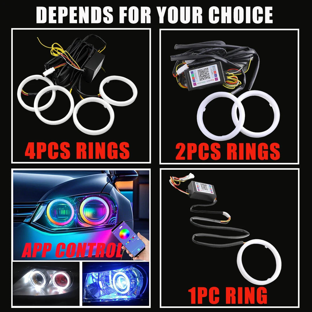 4/2/1PCS Car RGB Angel Eyes Dynamic with Turn Signal 60mm 70mm 80mm 90mm Halo Rings DRL Led Headlights Projector APP Control