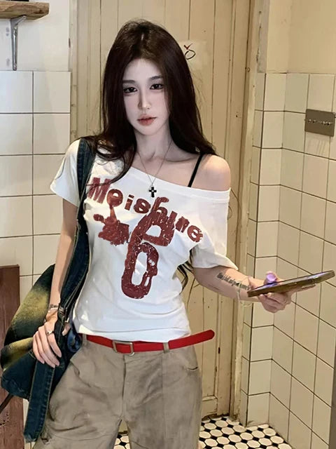 Retro American oulder Printed ort Sve T-irt Women's Summer Design Spicy Girl Slim Fit ort Length oulder Bared Top