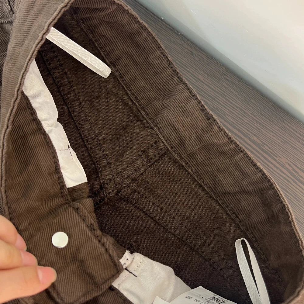 American Retro Brown Denim Trousers for Women Casual Solid Wide Leg Straight Long Jeans Daily All-Matched Commute Pants