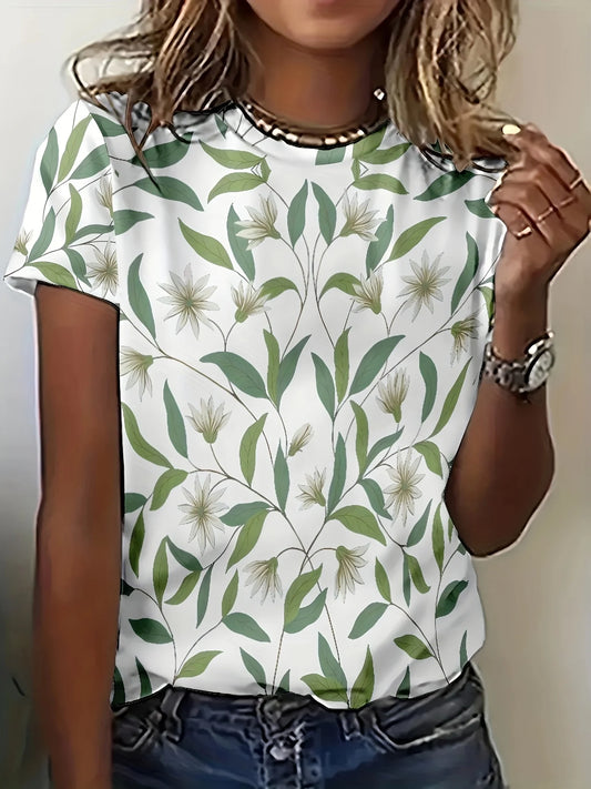 Women's Tee - Green Leaf & Floral Pattern Graphic, Minimalist Nature Botanical Design for Casual Daily Wear
