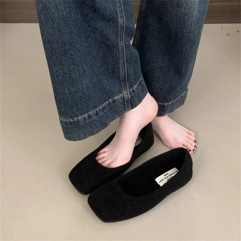 Fashion Square Toe Fleece Flet Ballet Flats Woman Winter Warm Wool Mary Jane Shoes Ladies Brand Design Elegant Plush Loafers