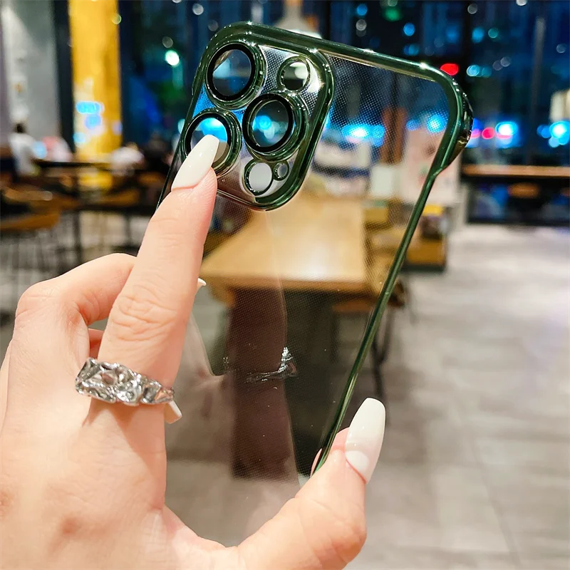 Frameless Luxury Plating Thin Case For iPhone 16 15 14 13 12 11 Pro Plus Max Promax Shockproof Lens Film Bumper Clear Hard Cover