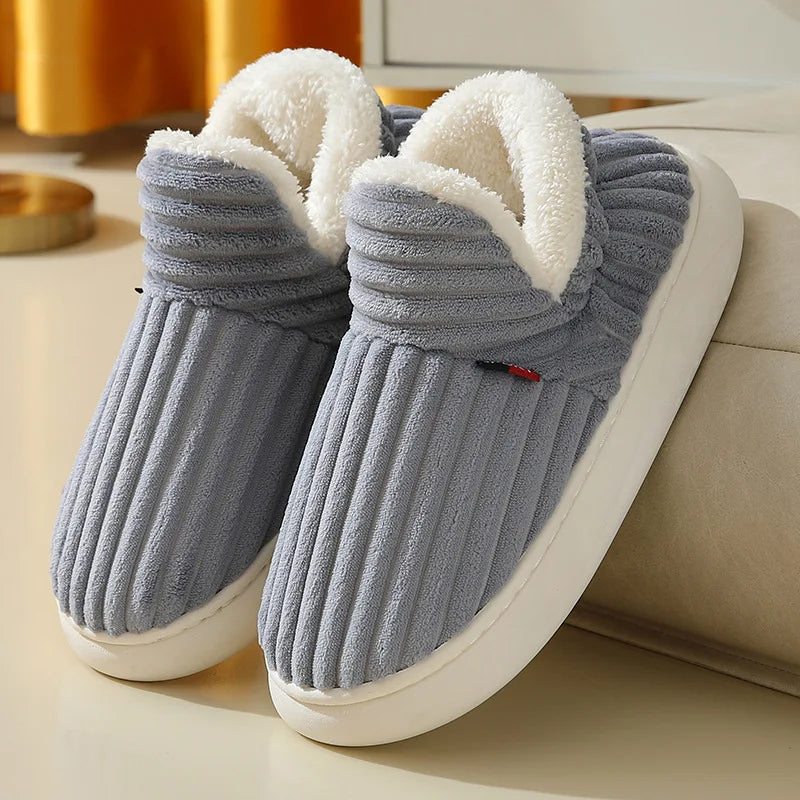 2025 Fashion Couple Winter Warm Plush Slippers Thick Sole Non Slip Casual Cotton Shoes Woman Corduroy Soft Indoor Home Slippers