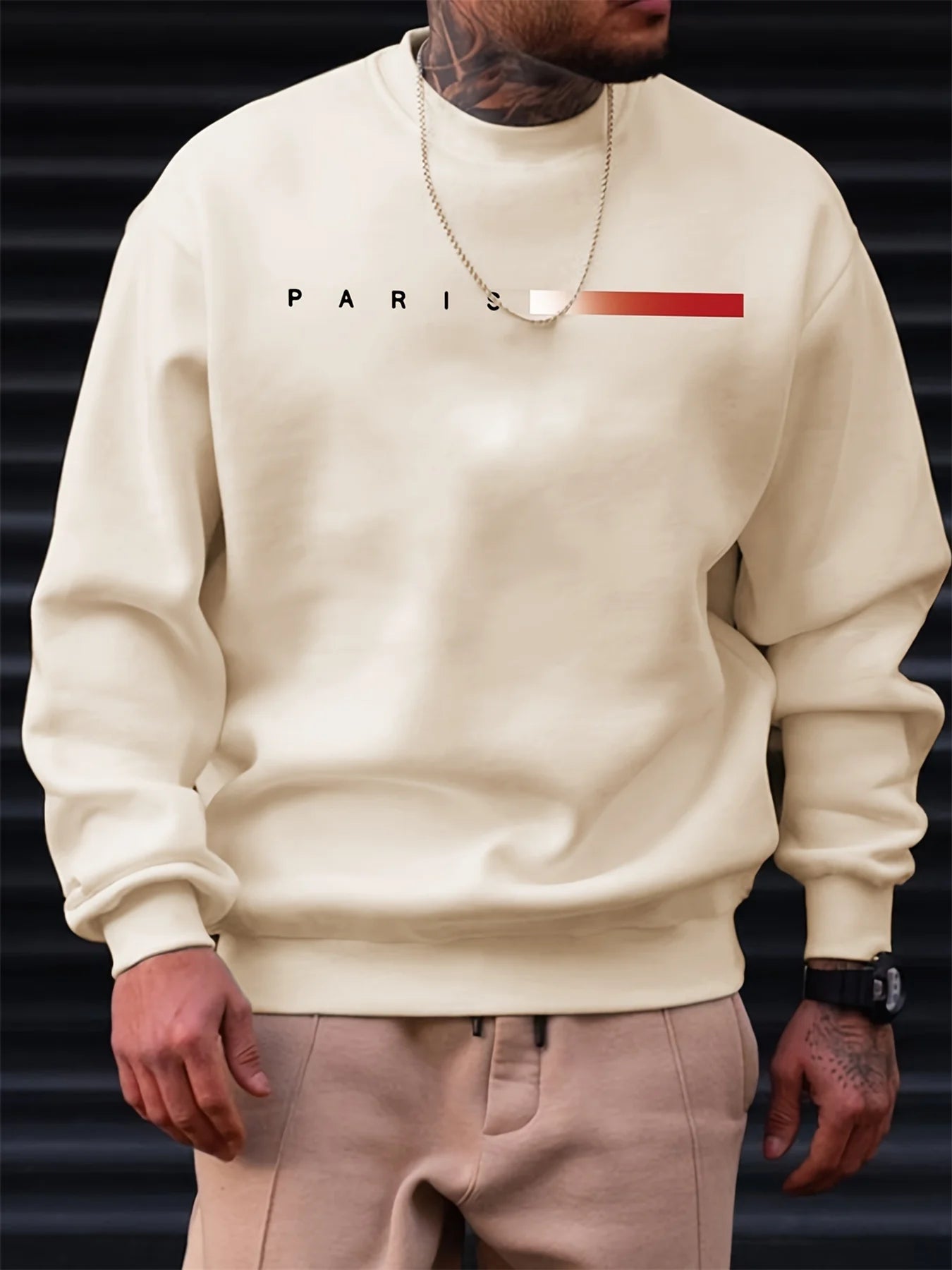 Men's autumn and winter fashionable casual loose Paris graphic print fleece pullover long sleeved round neck sweatshirt