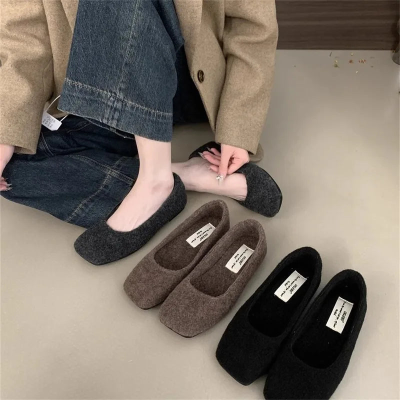 Fashion Square Toe Fleece Flet Ballet Flats Woman Winter Warm Wool Mary Jane Shoes Ladies Brand Design Elegant Plush Loafers