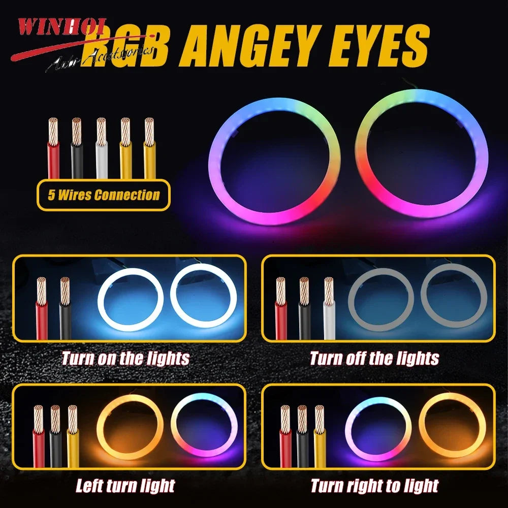 4/2/1PCS Car RGB Angel Eyes Dynamic with Turn Signal 60mm 70mm 80mm 90mm Halo Rings DRL Led Headlights Projector APP Control