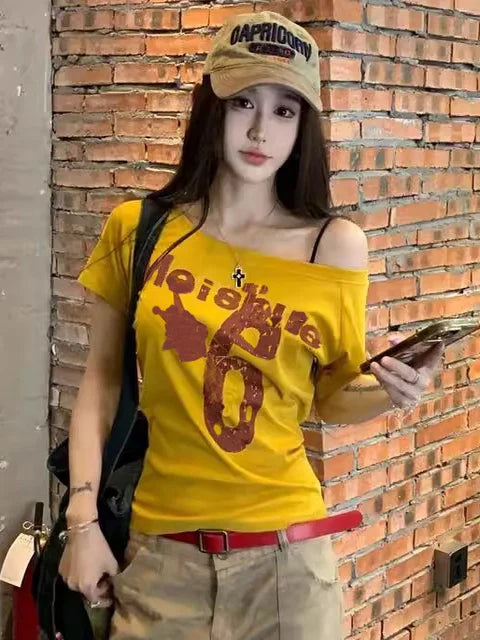 Retro American oulder Printed ort Sve T-irt Women's Summer Design Spicy Girl Slim Fit ort Length oulder Bared Top