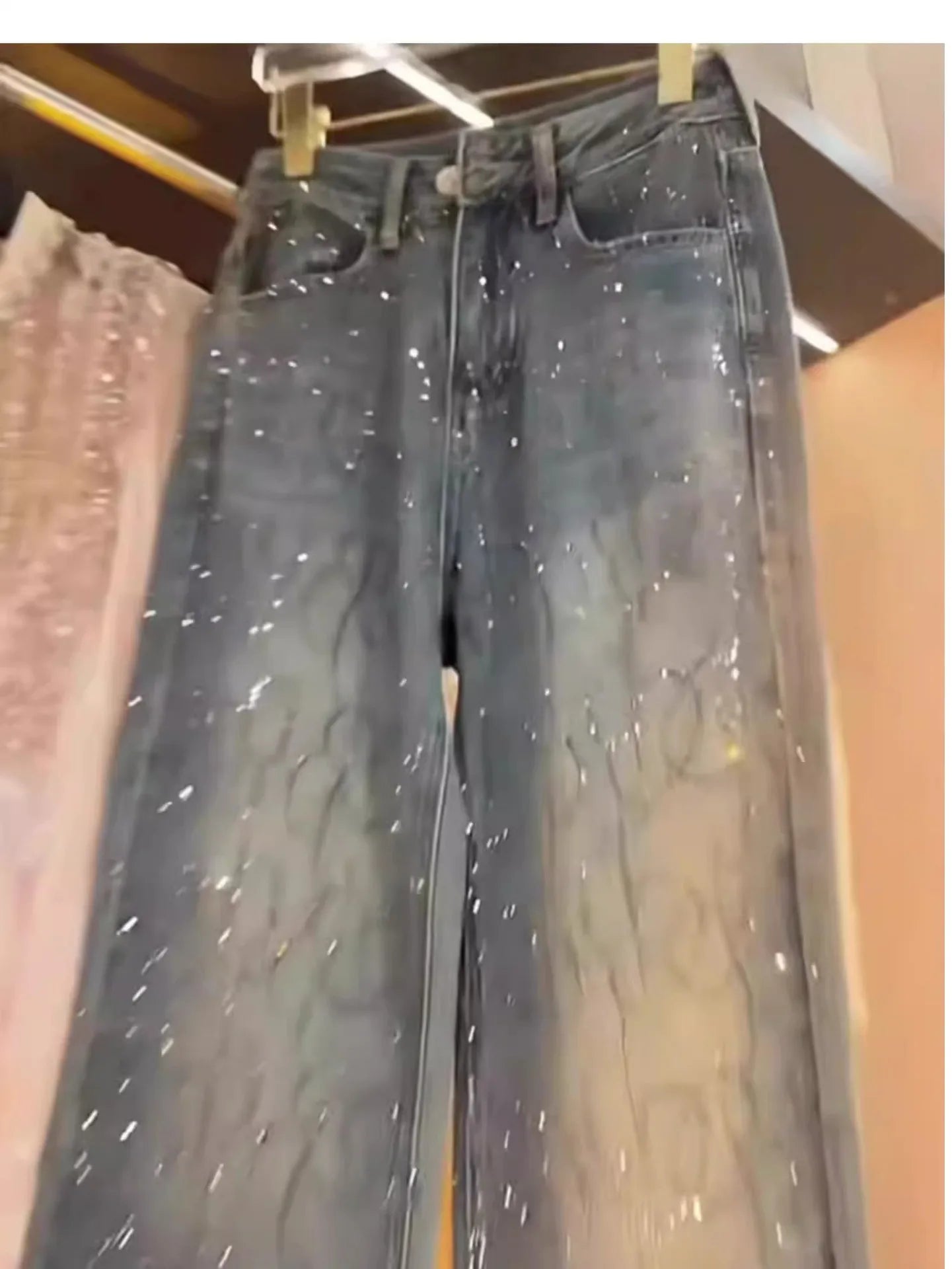 Women's Jeans 2025 New Style Heavy Industry High-end Versatile High-waisted Slim Straight Pants Blue Two-color Hot Diamond Jeans