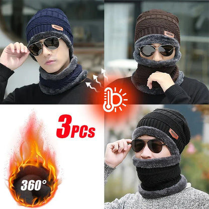 Fashion Men Knitted Hat Scarf Caps Neck Warmer Winter Hats for Men Skullies Beanies Warm Fleece Cap