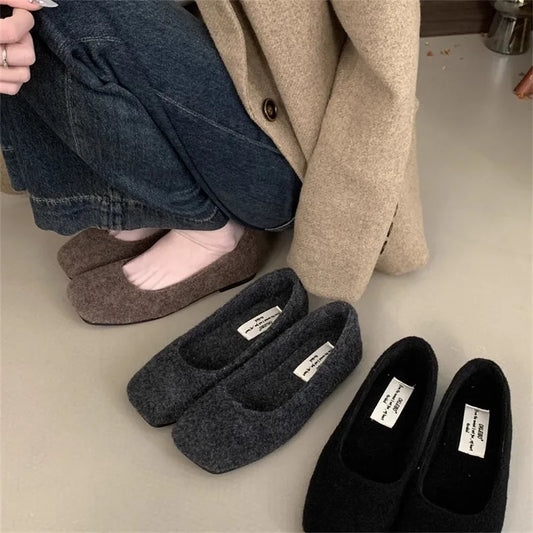 Fashion Square Toe Fleece Flet Ballet Flats Woman Winter Warm Wool Mary Jane Shoes Ladies Brand Design Elegant Plush Loafers