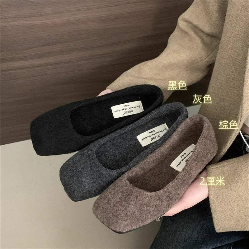 Fashion Square Toe Fleece Flet Ballet Flats Woman Winter Warm Wool Mary Jane Shoes Ladies Brand Design Elegant Plush Loafers