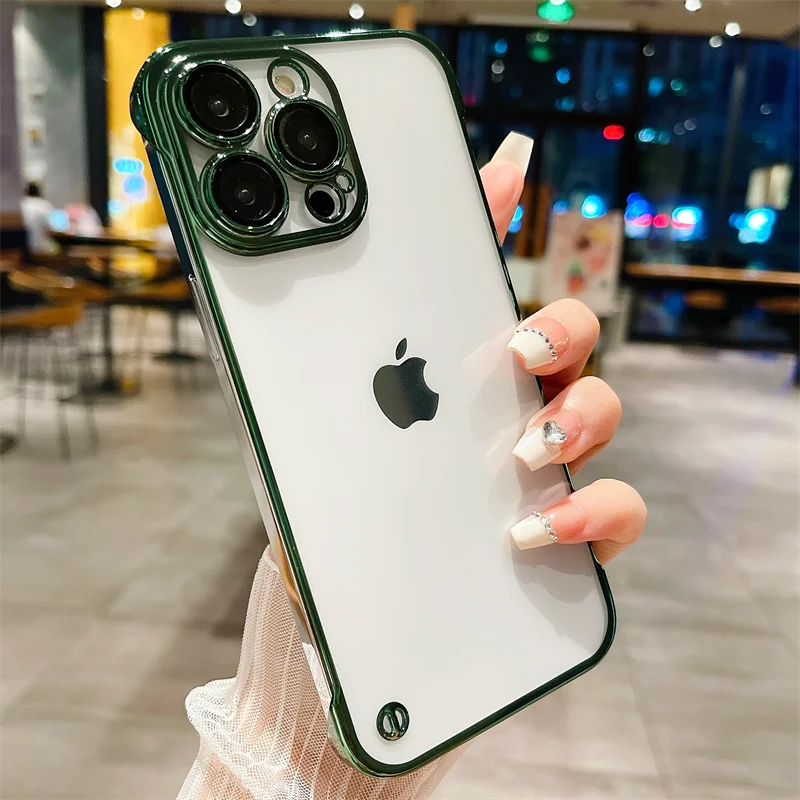 Frameless Luxury Plating Thin Case For iPhone 16 15 14 13 12 11 Pro Plus Max Promax Shockproof Lens Film Bumper Clear Hard Cover