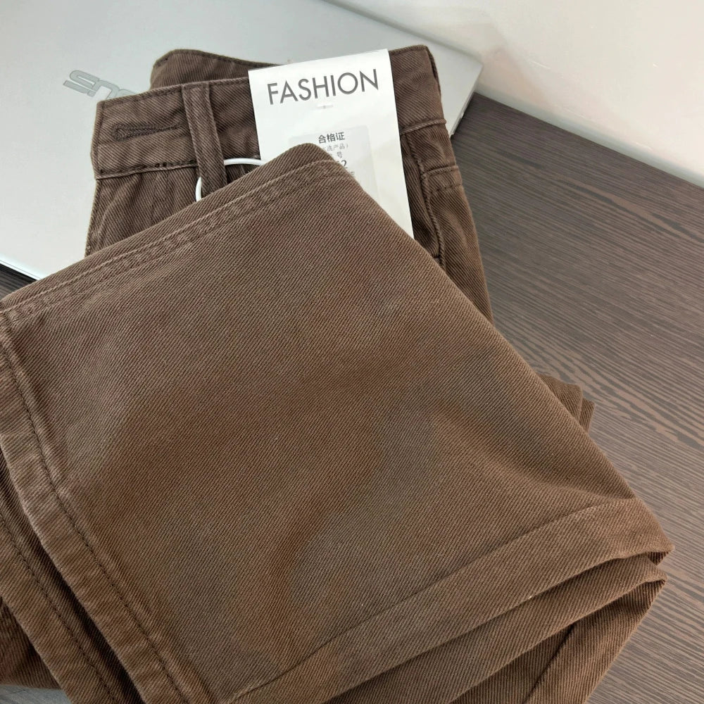 American Retro Brown Denim Trousers for Women Casual Solid Wide Leg Straight Long Jeans Daily All-Matched Commute Pants