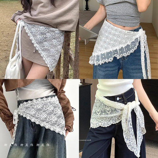 Korean Style Lace Embroidery Belt with Detachable Scarf Layering Accessory for Tulle Skirts Elegant Waist Chain with Floral