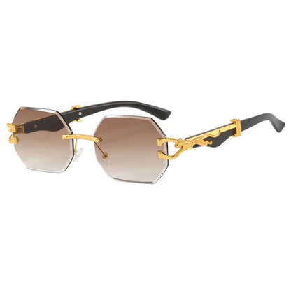 Vintage Rimless Polygonal Metal Frame Sunglasses with Leopard DesignTemples -Unisex Outdoor Party Vacation Travel Driving Photo