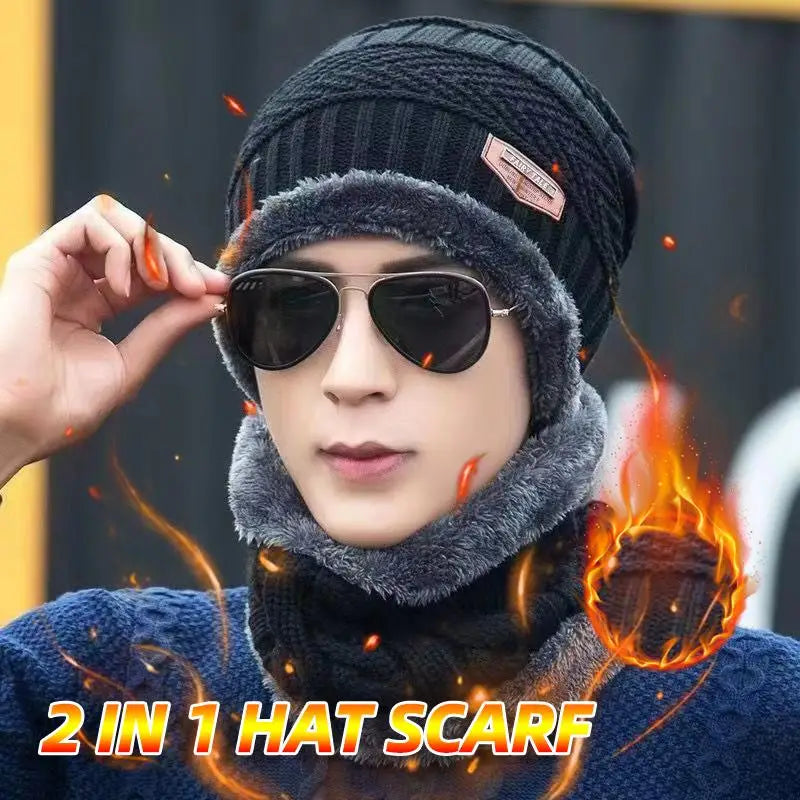 Fashion Men Knitted Hat Scarf Caps Neck Warmer Winter Hats for Men Skullies Beanies Warm Fleece Cap