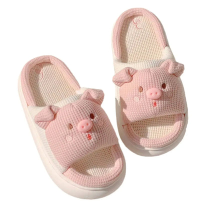 Slippers for Women Linen Cotton Home Shoes Thick Soft Sole Lovely Pig Non-slip for Outdoor for Four Seasons Korean Style