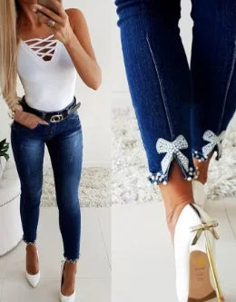 Women's Jeans Fashion Summer 2023 Rhinestone Beads Butterfly Pattern Split Bottom Jeans Tights Casual Versatile Street Clothing