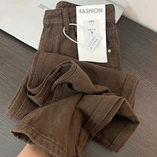 American Retro Brown Denim Trousers for Women Casual Solid Wide Leg Straight Long Jeans Daily All-Matched Commute Pants