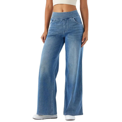Women Jeans Denim Pant Wide Leg Long Pants Y2k Streetwear Elastic Waist Straight Trousers Elegant Mom Jeans Temperament Casual