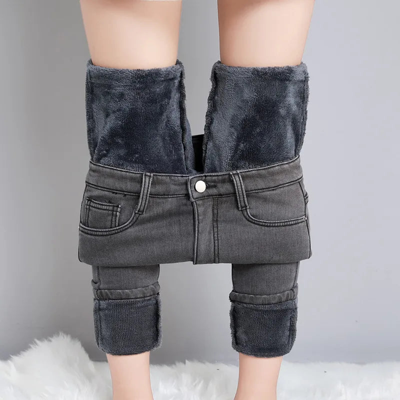 New Winter Women Snow Thermal Fleece Skinny Jeans Casual Lady Warm Velvet Thick Pencil Pants Female Basic Fleece Denim Trousers