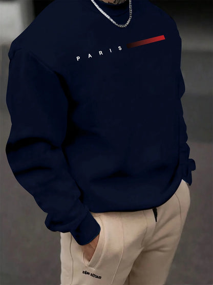 Men's autumn and winter fashionable casual loose Paris graphic print fleece pullover long sleeved round neck sweatshirt