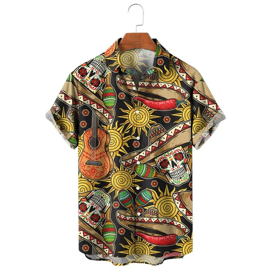 Punk Straw Hat Skull Graphic Shirts For Men Clothing Casual Hawaiian Vacation Short Sleeve Fashion Mens Beach Shirts Y2k Tops