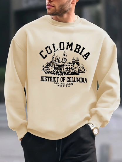 Men's autumn and winter warm casual loose Colombian architectural pattern printed long sleeved round neck sweatshirt