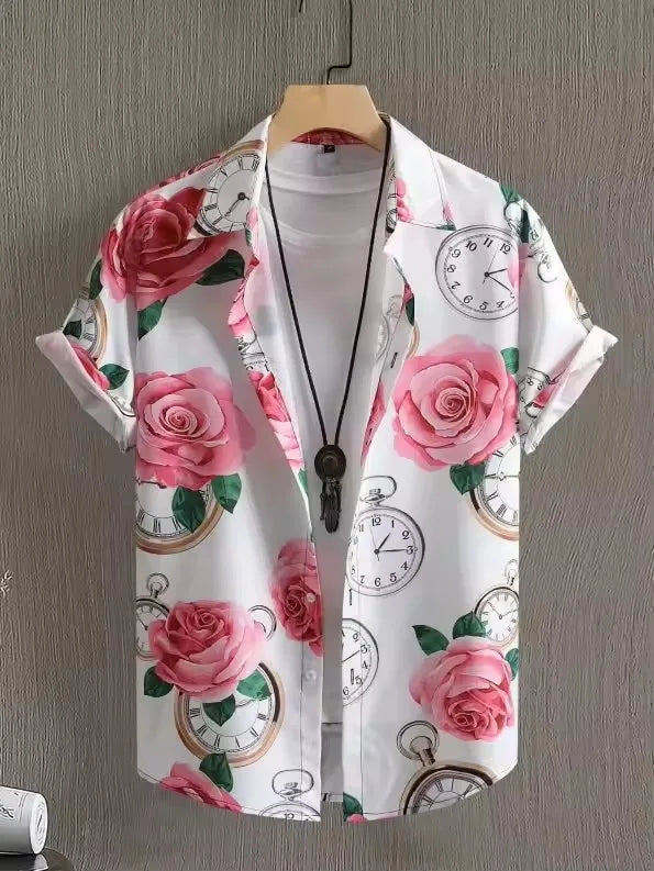 Hawaiian Botanical Flower Print Men's and Women's Short Sleeve Lapel Seaside Button-Down Shirt Top Casual Fashionable Shirts