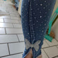 Women's Jeans Fashion Summer 2023 Rhinestone Beads Butterfly Pattern Split Bottom Jeans Tights Casual Versatile Street Clothing