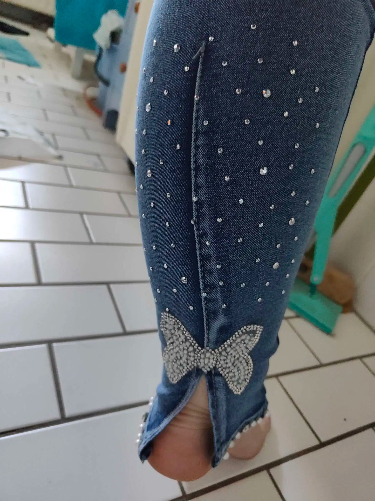 Women's Jeans Fashion Summer 2023 Rhinestone Beads Butterfly Pattern Split Bottom Jeans Tights Casual Versatile Street Clothing