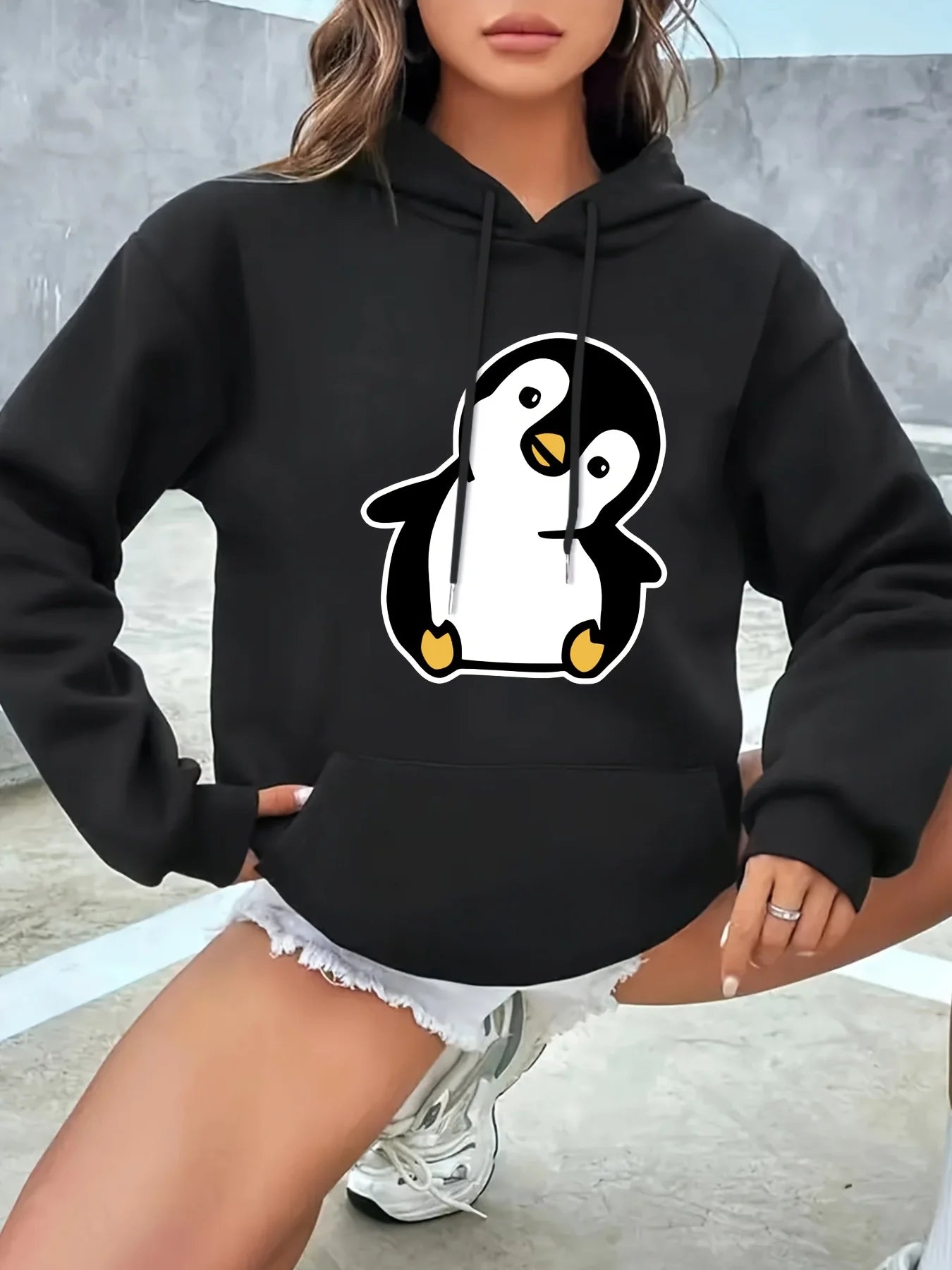 2025 Autumn and Winter Cute Penguin Print Hoodie Women's Casual Long Sleeve Pullover Autumn and Winter Personality Retro Y2K Top