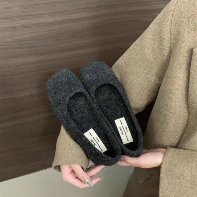 Fashion Square Toe Fleece Flet Ballet Flats Woman Winter Warm Wool Mary Jane Shoes Ladies Brand Design Elegant Plush Loafers
