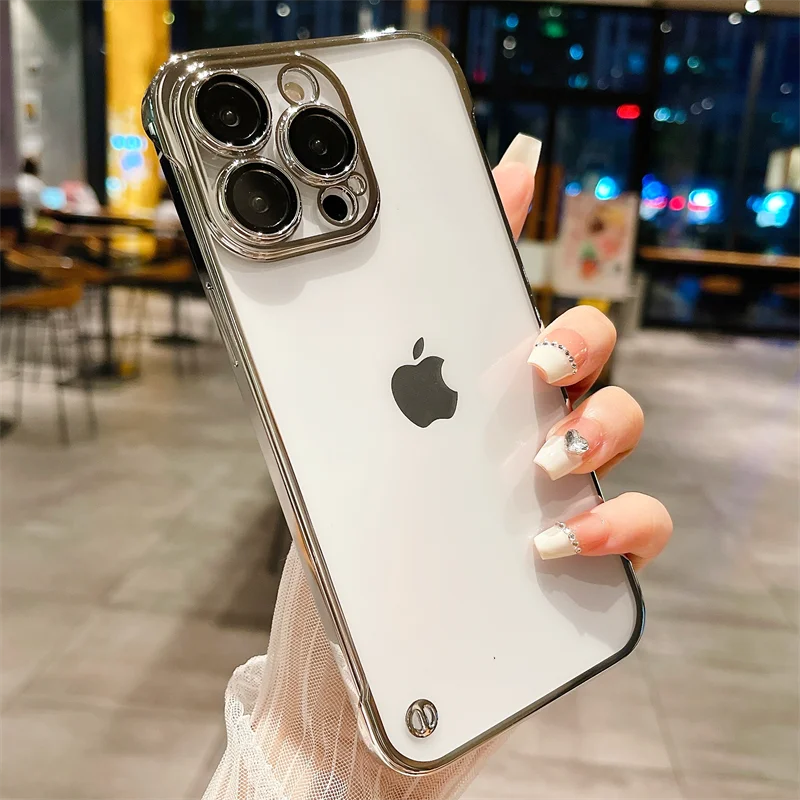 Frameless Luxury Plating Thin Case For iPhone 16 15 14 13 12 11 Pro Plus Max Promax Shockproof Lens Film Bumper Clear Hard Cover