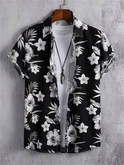 Hawaiian Botanical Flower Print Men's and Women's Short Sleeve Lapel Seaside Button-Down Shirt Top Casual Fashionable Shirts