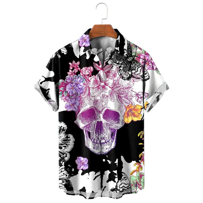 Punk Straw Hat Skull Graphic Shirts For Men Clothing Casual Hawaiian Vacation Short Sleeve Fashion Mens Beach Shirts Y2k Tops