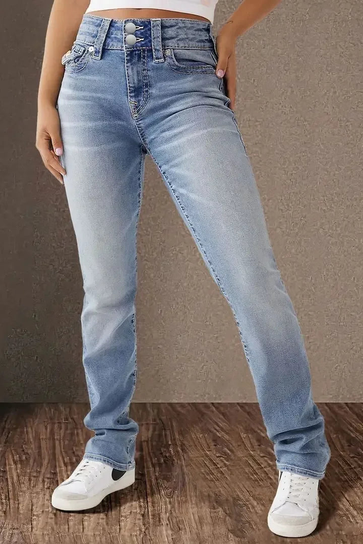 Jeans Pencil Pants Women Vintage Denims Mid Waist Strecth Pockets Buttons Washed Distressed 2025 Streetwear Straight Trousers