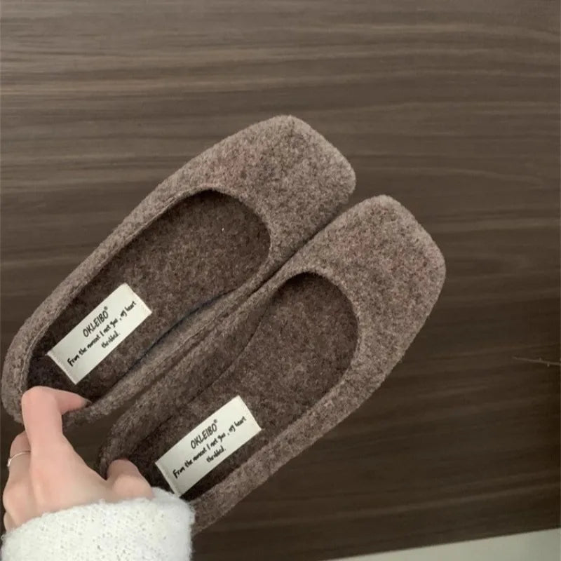 Fashion Square Toe Fleece Flet Ballet Flats Woman Winter Warm Wool Mary Jane Shoes Ladies Brand Design Elegant Plush Loafers