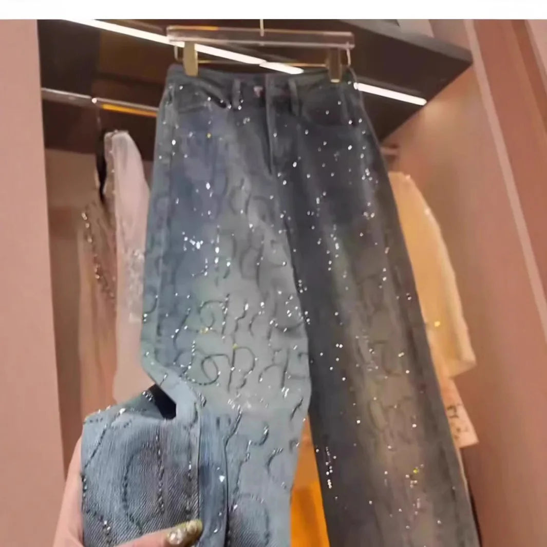 Women's Jeans 2025 New Style Heavy Industry High-end Versatile High-waisted Slim Straight Pants Blue Two-color Hot Diamond Jeans