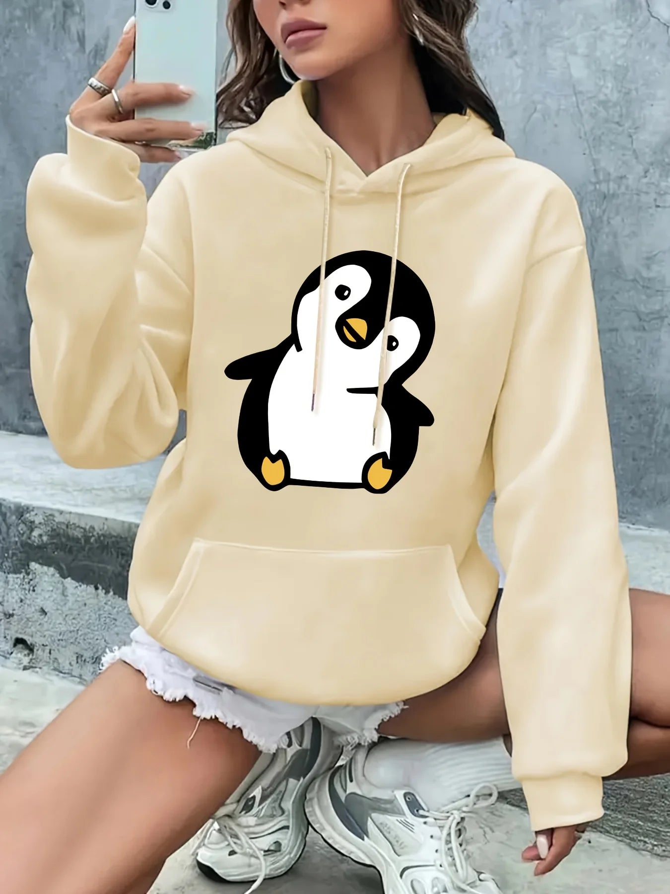 2025 Autumn and Winter Cute Penguin Print Hoodie Women's Casual Long Sleeve Pullover Autumn and Winter Personality Retro Y2K Top