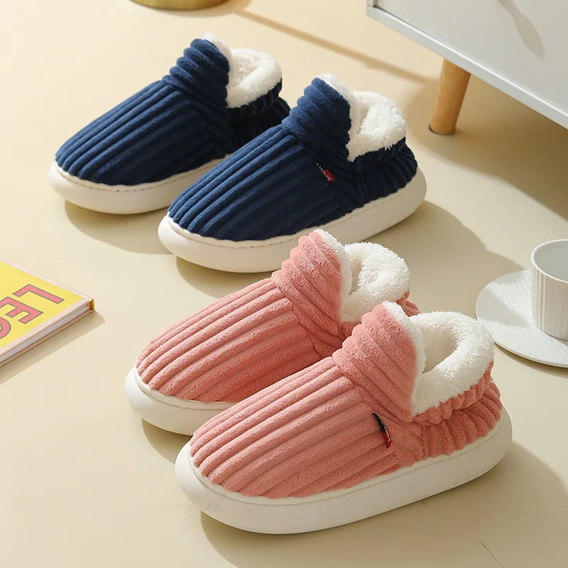 2025 Fashion Couple Winter Warm Plush Slippers Thick Sole Non Slip Casual Cotton Shoes Woman Corduroy Soft Indoor Home Slippers